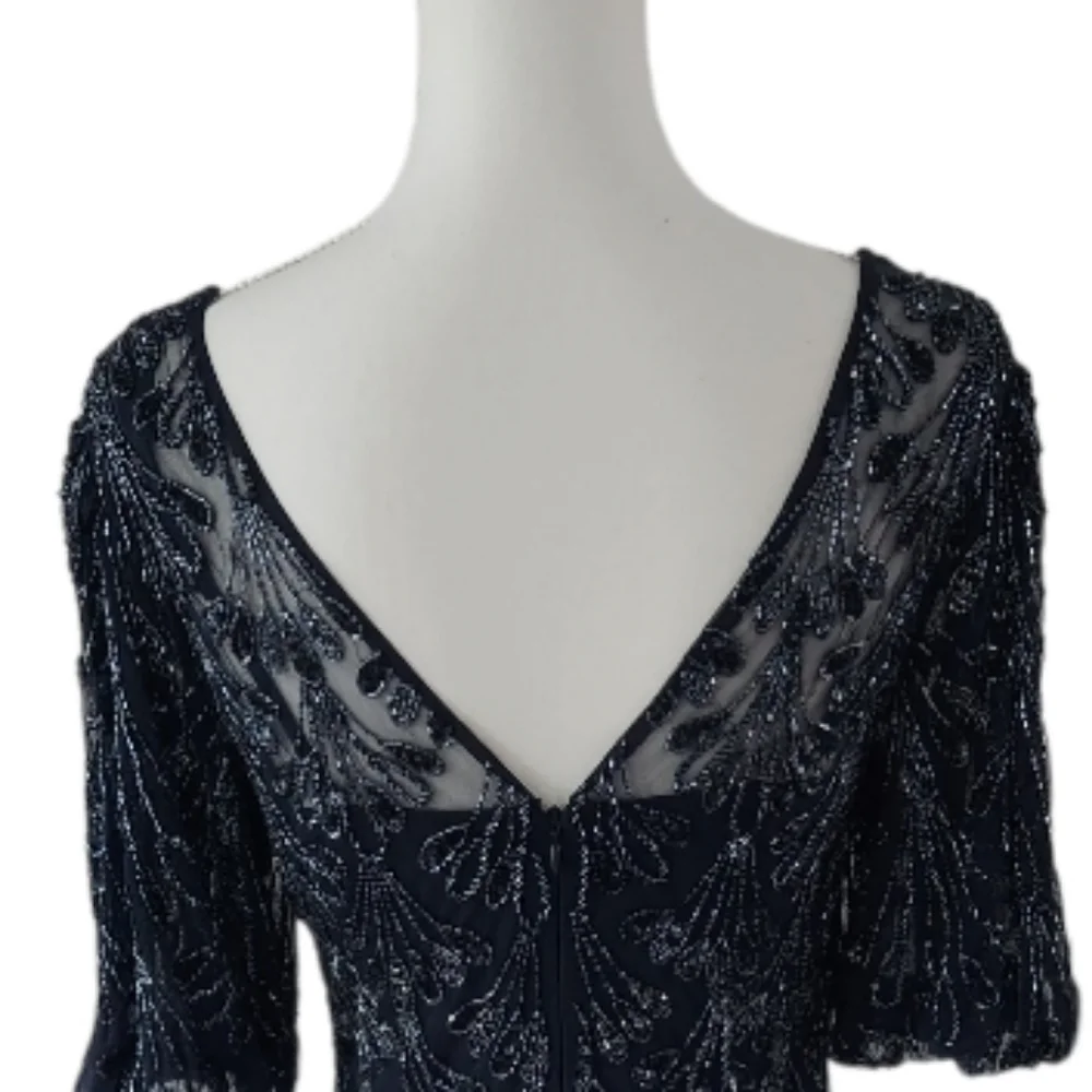 Aidan Mattox $550 NWT Beaded V-Neck Sheath Evening Gown Navy Blue, size 6 - Picture 10 of 13